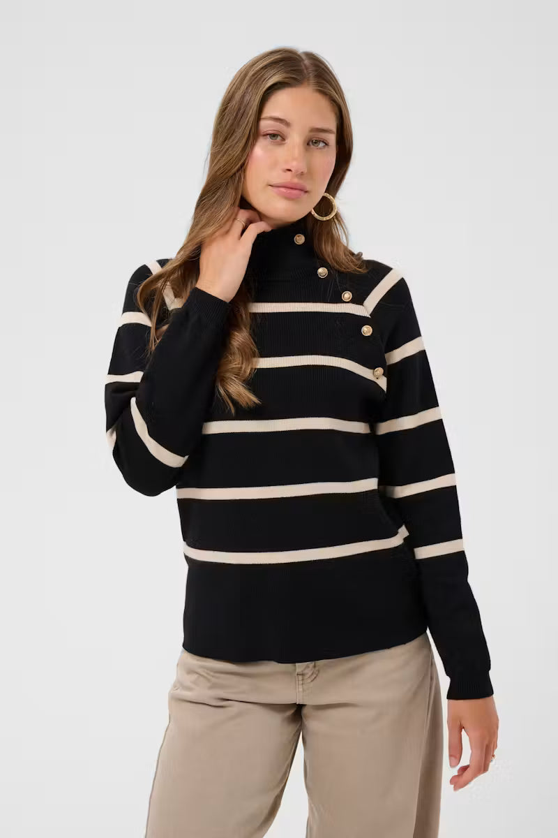 Dela Button Pullover Black Stripe