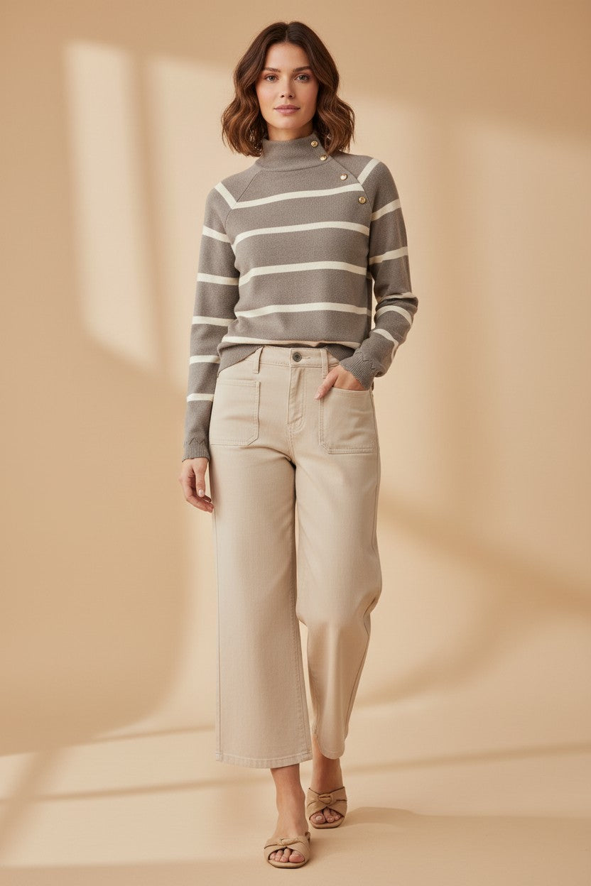 Dela Button Pullover Brown Lentil Oatmeal Stripe