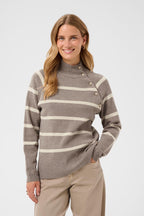 Dela Button Pullover Brown Lentil Oatmeal Stripe