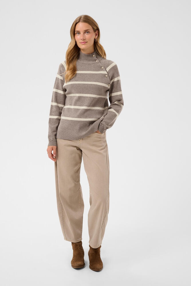 Dela Button Pullover Brown Lentil Oatmeal Stripe