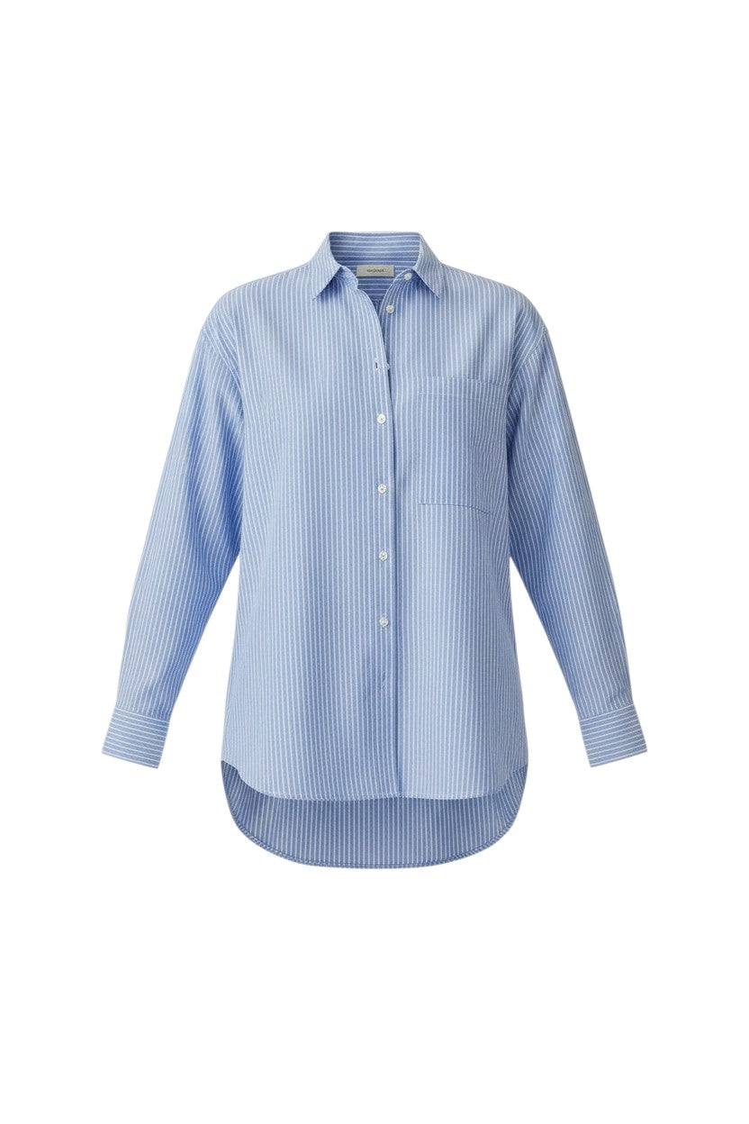 Plaza d'Amanté Veronica striped shirt in blue and white modal-cotton blend with a classic collar and chest pocket.