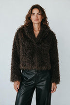 Model wearing a Plaza d'Amanté dark brown shaggy faux fur cropped jacket with a notched collar over black trousers.