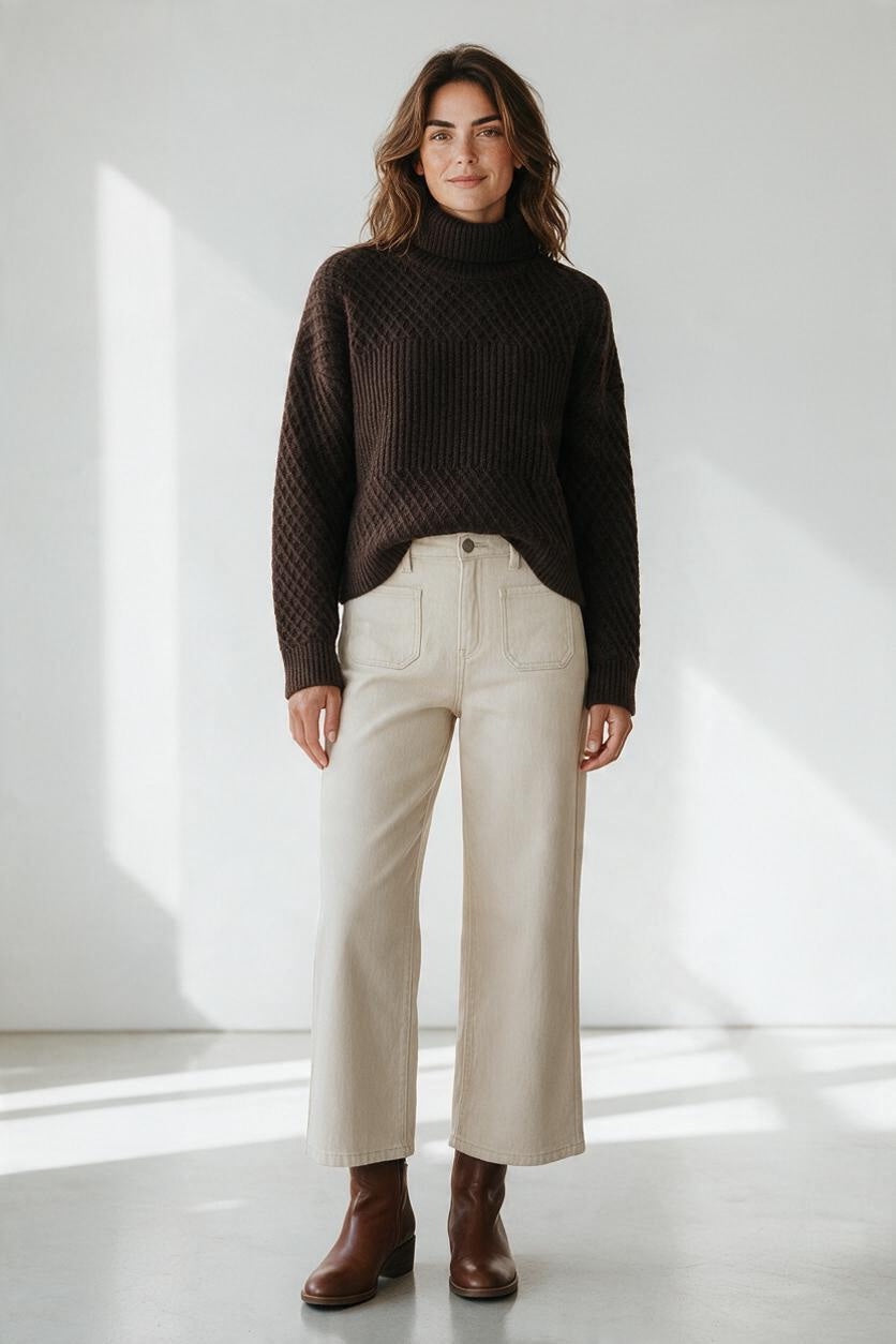 Plaza d'Amanté model wearing a dark brown textured turtleneck sweater and cream high-waisted wide-leg cotton trousers.