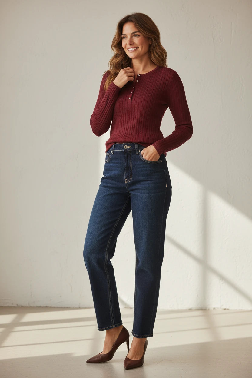 Plaza d'Amanté burgundy ribbed long-sleeve henley top paired with classic high-rise straight-leg dark wash denim jeans