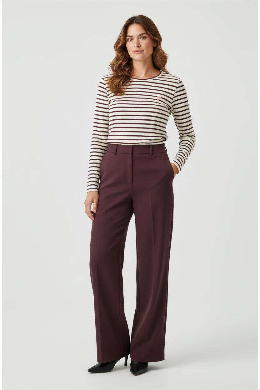 Plaza d'Amanté high-waisted wide-leg tailored trousers in deep burgundy with front pleats and side pockets
