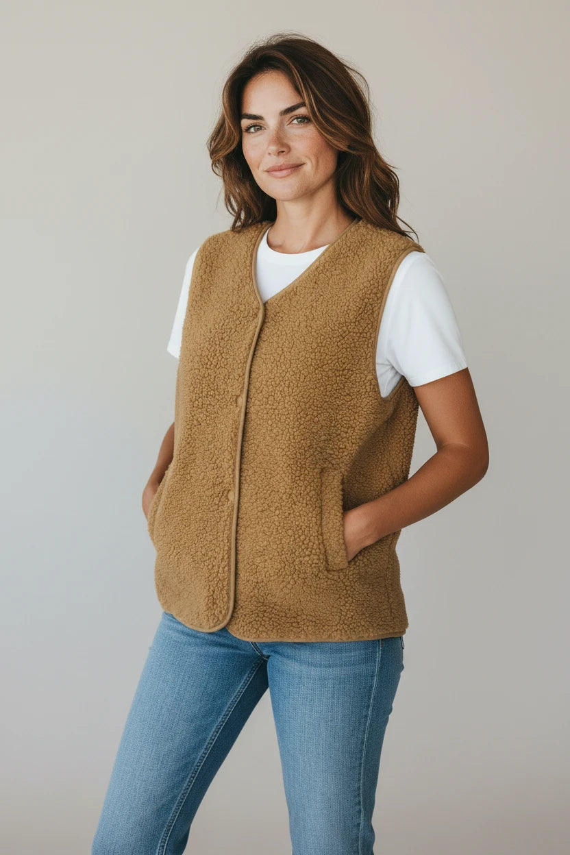Plaza d'Amanté camel sherpa fleece vest with a V-neck, snap buttons, and side pockets worn over a white t-shirt.