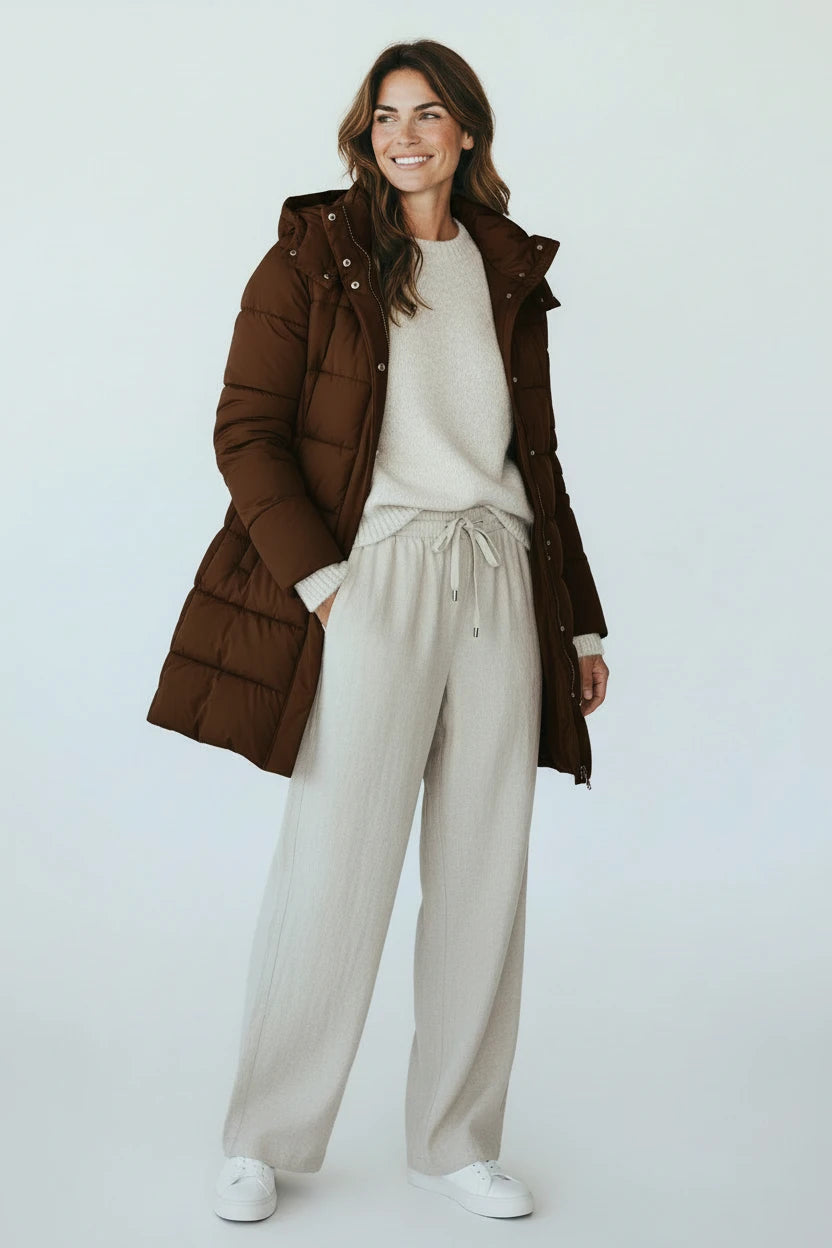 A woman wearing a Plaza d'Amanté chocolate brown longline insulated hooded puffer jacket over a cream sweater and pants.