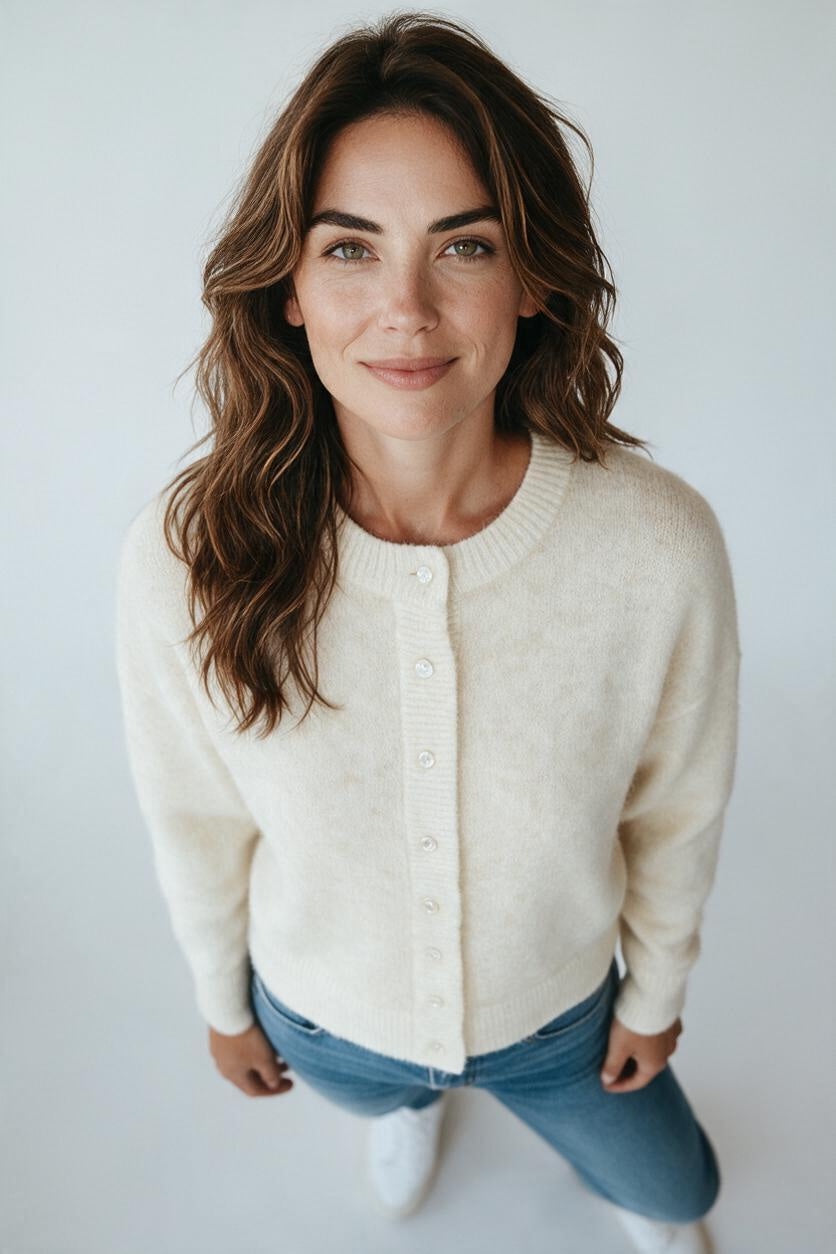 A woman wearing a Plaza d'Amanté cream-colored knit cardigan with a crew neck and button-front closure.
