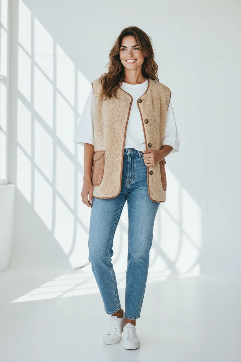 A woman wearing a Plaza d'Amanté cream sherpa vest with brown corduroy pockets over a white tee and blue jeans.