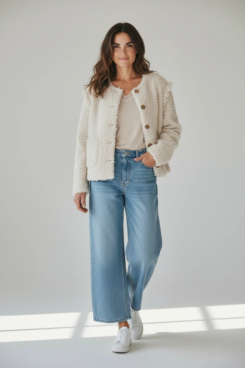 Plaza d'Amanté crèmekleurig teddy vest met knopen, ruches bij de schouders en steekzakken gedragen door een model.