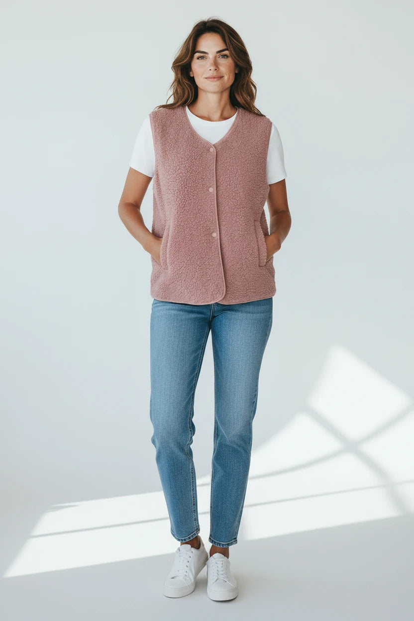 Model wearing a Plaza d'Amanté dusty rose sherpa fleece snap-front vest over a white tee and blue jeans.