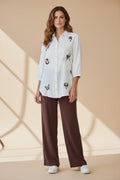 Plaza d'Amanté white linen-blend button-down shirt with colorful floral and insect embroidery and three-quarter sleeves