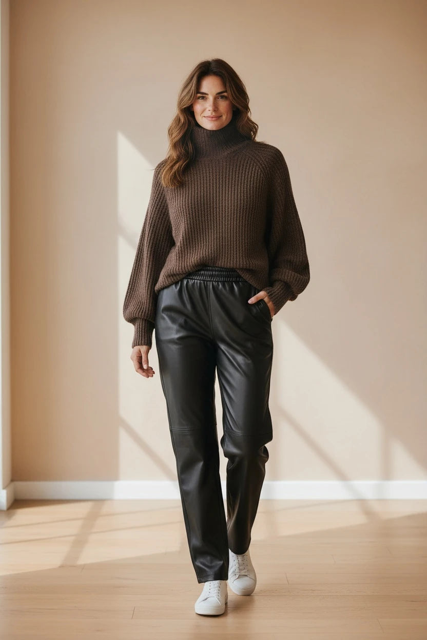 Plaza d'Amanté model wearing a chunky chocolate brown turtleneck sweater and black high-waisted faux leather trousers.