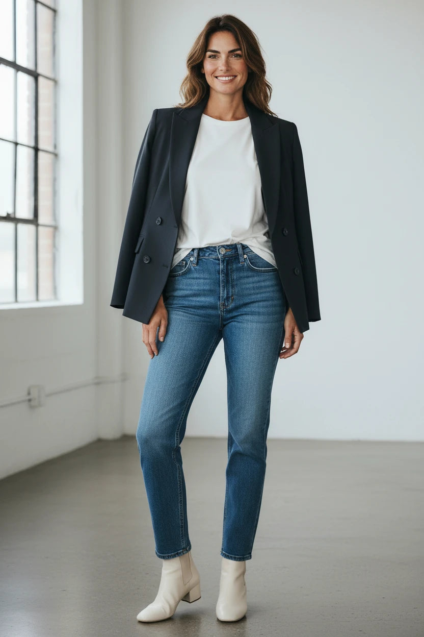 Plaza d'Amanté model wearing a black double-breasted blazer, white t-shirt, and medium-wash high-rise straight jeans.