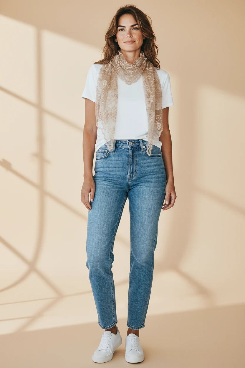 Plaza d'Amanté high-rise straight leg blue denim jeans styled with a white t-shirt, beige lace scarf, and sneakers.