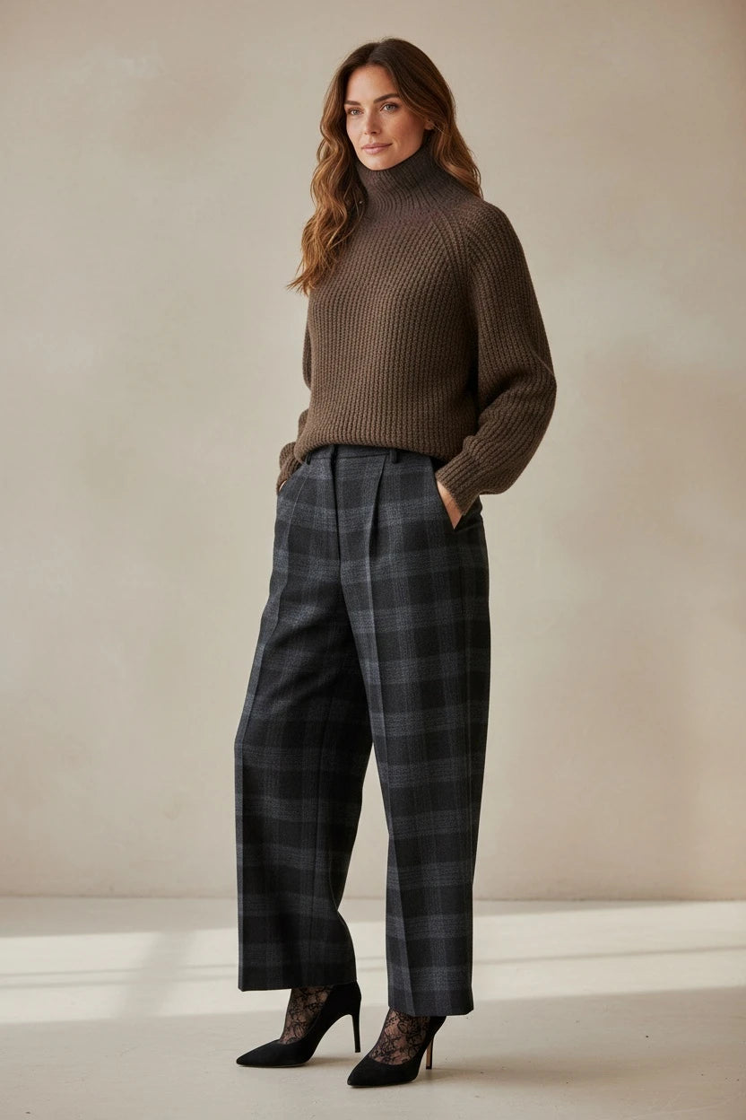 Plaza d'Amanté high-waisted wide-leg trousers in dark grey and black plaid, styled with a brown turtleneck sweater.