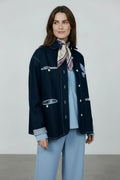 Plaza d'Amanté dark navy structured denim-style jacket with white contrast stitching and button-front closure