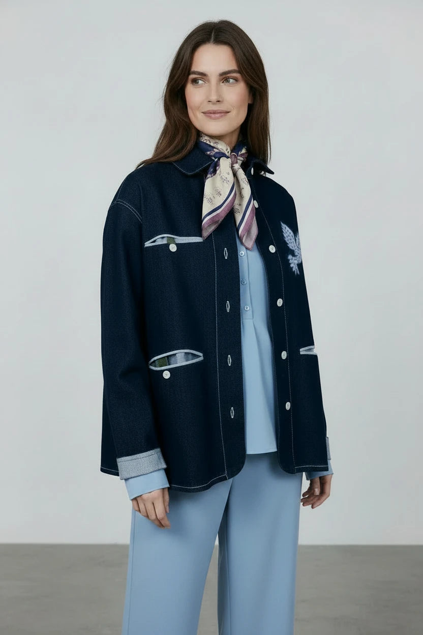 Plaza d'Amanté dark navy structured denim-style jacket with white contrast stitching and button-front closure
