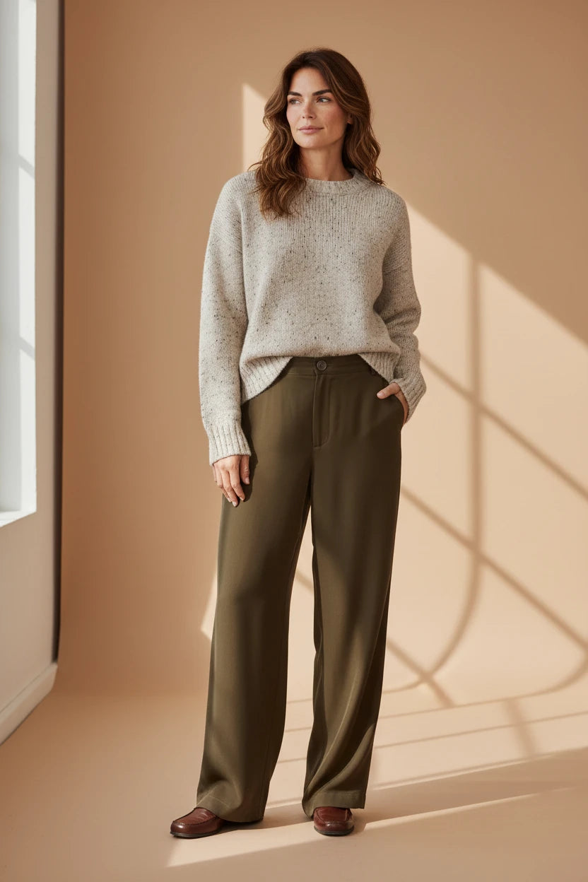 Plaza d'Amanté woman wearing an oatmeal speckled knit sweater and olive green wide-leg trousers in a studio setting.