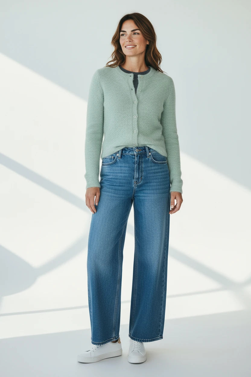 Plaza d'Amanté sage green fuzzy button-front cardigan worn with blue wide-leg jeans and white sneakers