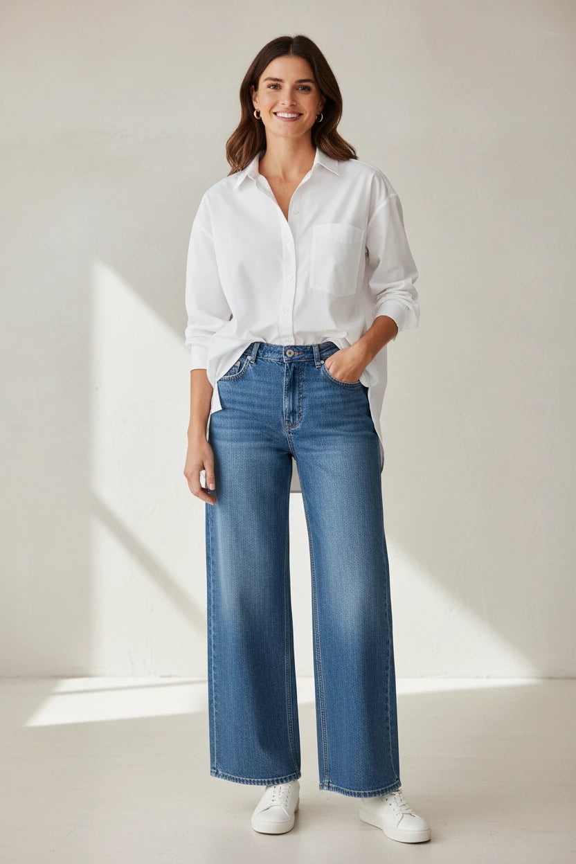 Model wearing a Plaza d'Amanté white button-down shirt and medium-wash high-rise wide-leg denim jeans with sneakers.